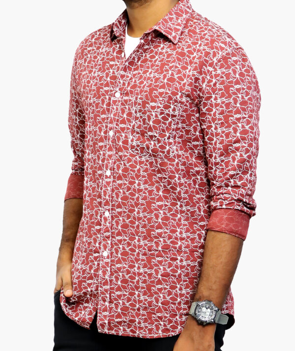 Casual Cotton Slim Fit Full Sleeves Printed Shirt for Men (Maroon) - Image 2
