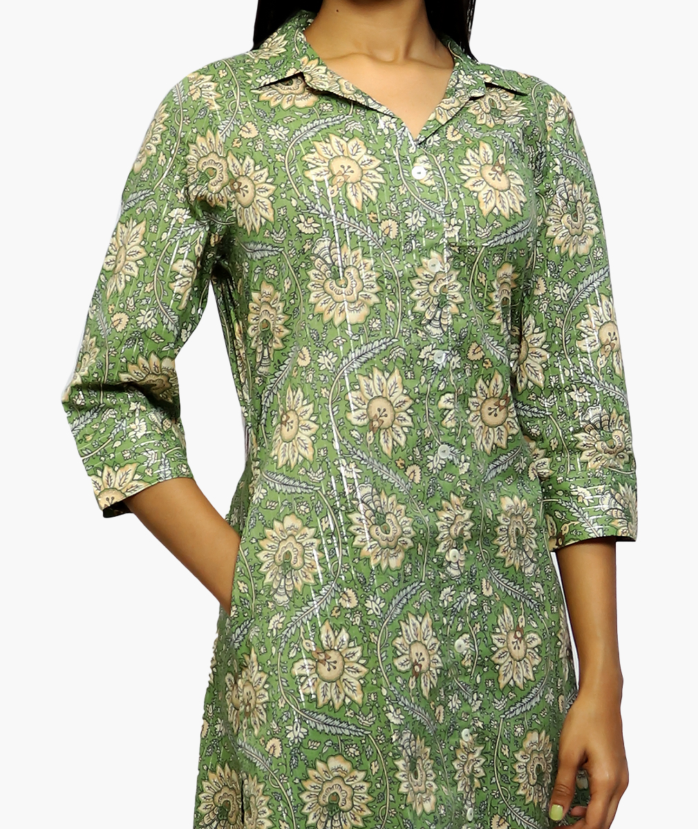 Floral Printed Straight Pure Cotton Kurti with Pocket (3/4 sleeve) - Image 2