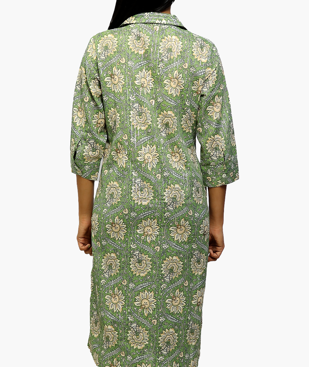 Floral Printed Straight Pure Cotton Kurti with Pocket (3/4 sleeve) - Image 3
