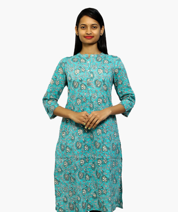 Women Blue Ethnic Motifs Printed Keyhole Neck Cotton Kurta with Pocket  (3/4 sleeve)