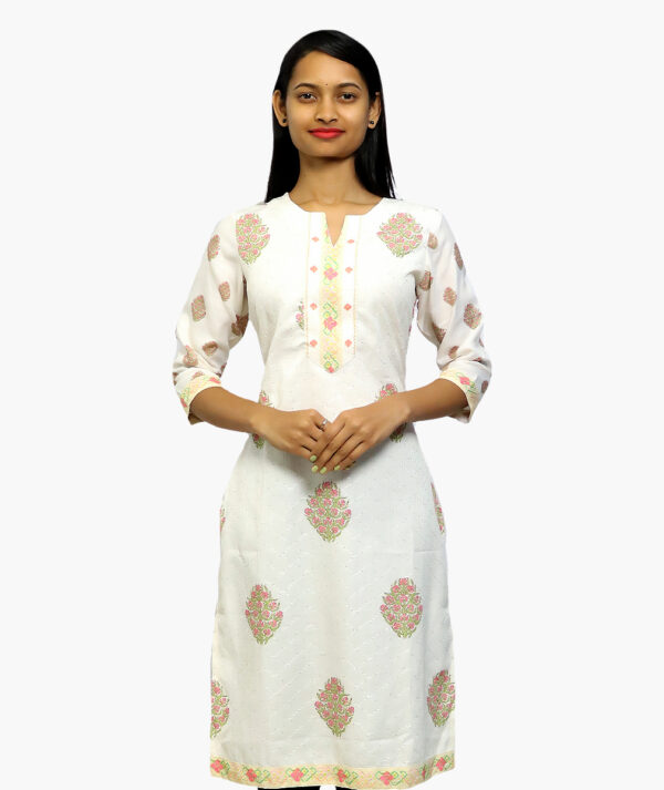 Women Printed Pure Cotton Asymmetric Cotton Kurta  (White - 3/4 sleeve)