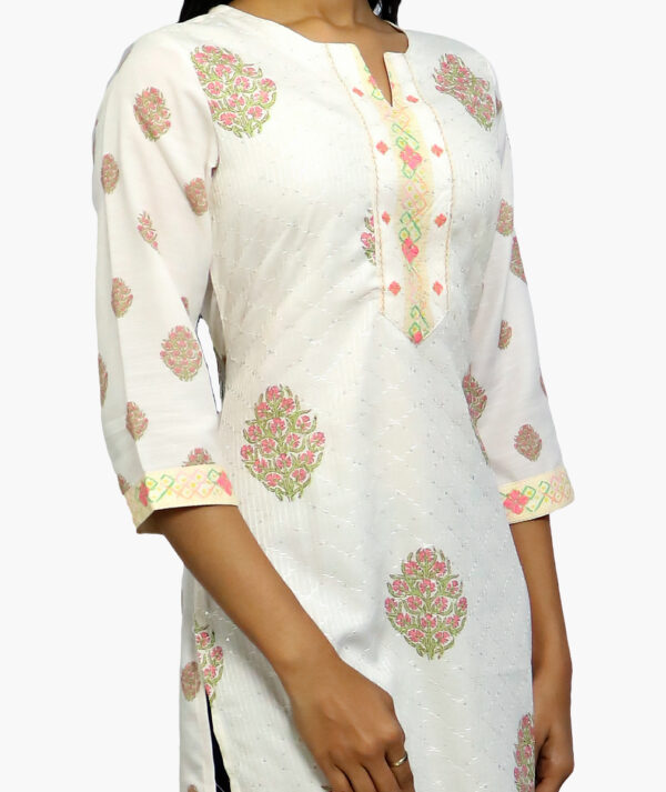 Women Printed Pure Cotton Asymmetric Cotton Kurta  (White - 3/4 sleeve) - Image 2