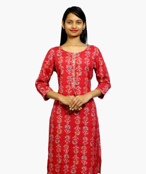 Women Printed Viscose Rayon Straight Cotton Kurta  (Red - 3/4 sleeve)