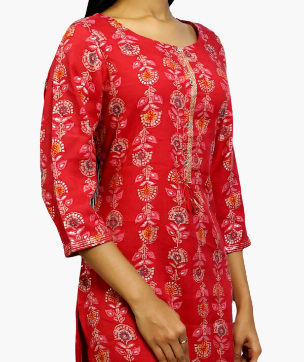 Women Printed Viscose Rayon Straight Cotton Kurta  (Red - 3/4 sleeve) - Image 2