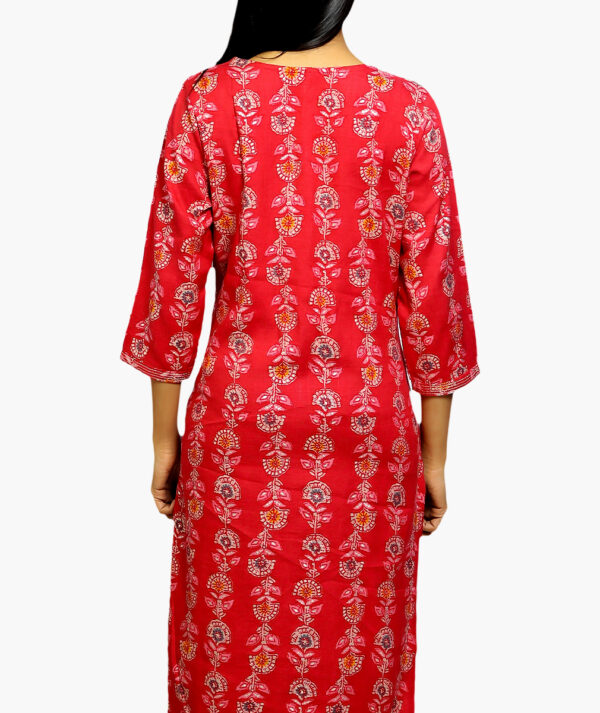 Women Printed Viscose Rayon Straight Cotton Kurta  (Red - 3/4 sleeve) - Image 3