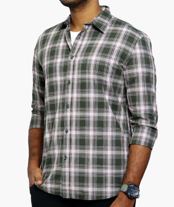 Men Green & White Slim Fit Checked Cotton Casual Shirt - Image 2