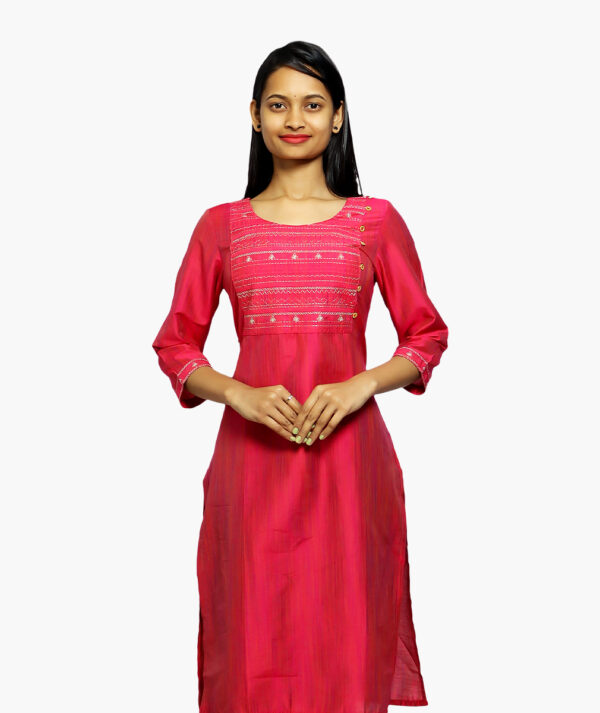 Women Embroidered Silk Blend Straight Cotton Kurta  (Pink - 3/4 sleeve)