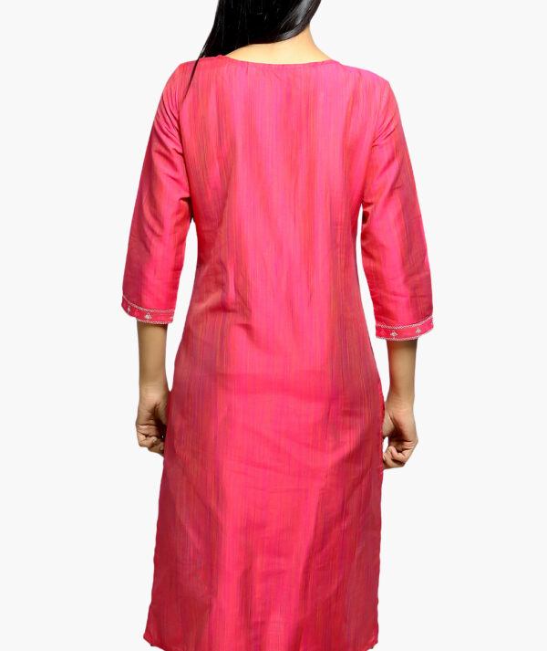 Women Embroidered Silk Blend Straight Cotton Kurta  (Pink - 3/4 sleeve) - Image 3