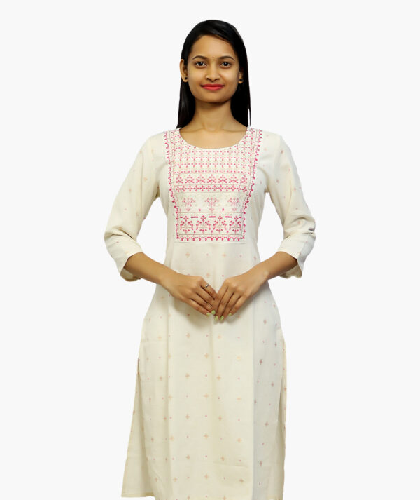 Women Embroidered Viscose Rayon Straight Cotton Kurta  (White - 3/4 sleeve)