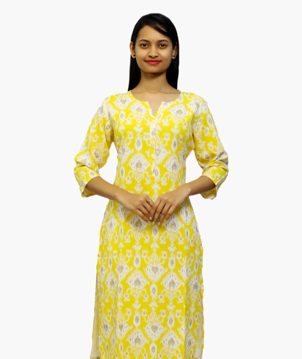 Women Floral Print Cotton Rayon Straight Cotton Kurta  (Yellow and White - 3/4 sleeve)
