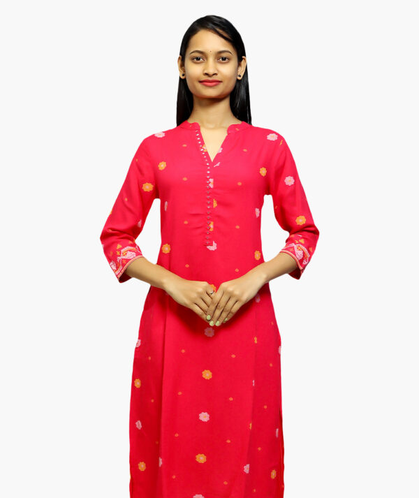 Women Printed, Solid Viscose Rayon Straight Cotton Kurta  (Pink - 3/4 sleeve)