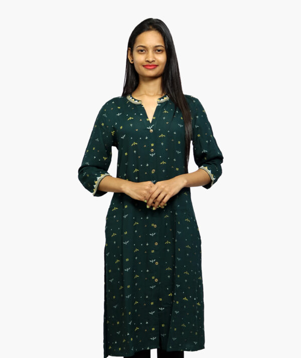 Geometric Print Straight Cotton Kurta with Pocket  (Navy Blue -3/4 sleeve)
